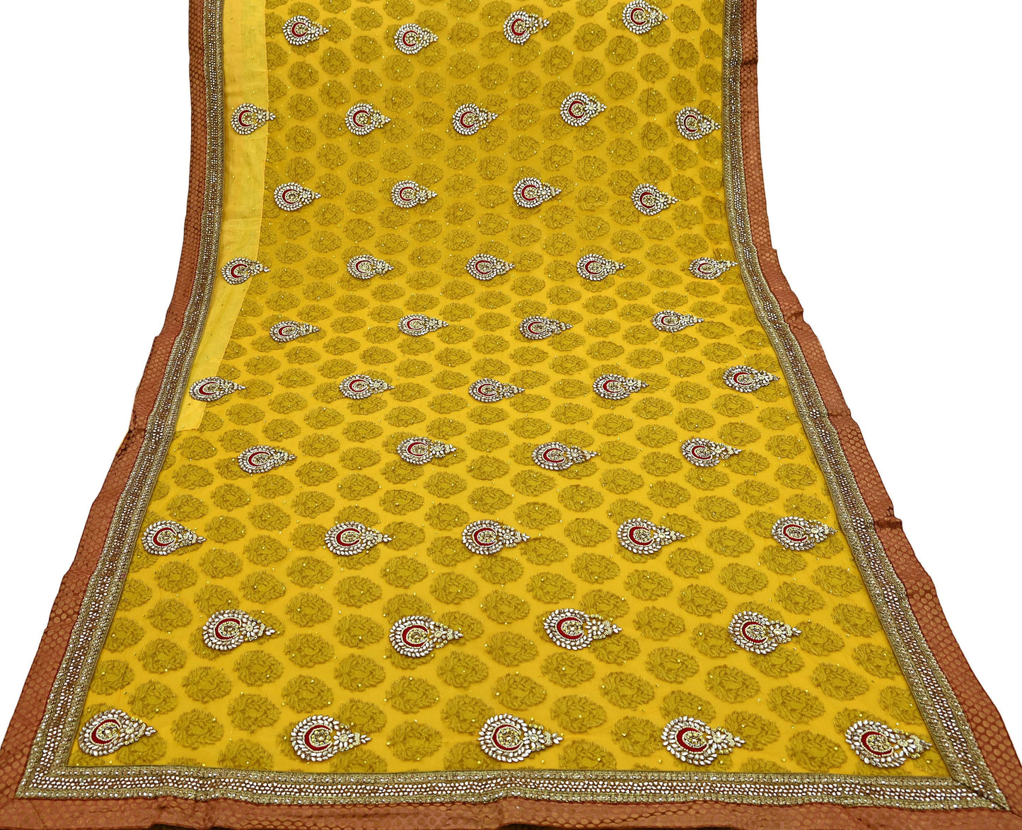 Indian Vintage Heavy Yellow Saree Georgette & Net Hand Beaded Sari Fabric 6Yd Sewing Soft Ethnic Wedding Sarees With Blouse