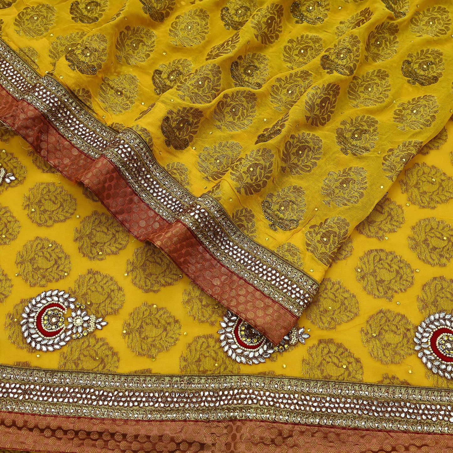 Indian Vintage Heavy Yellow Saree Georgette & Net Hand Beaded Sari Fabric 6Yd Sewing Soft Ethnic Wedding Sarees With Blouse