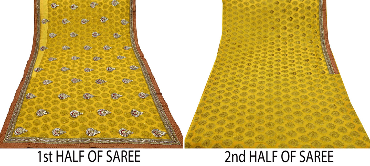 Indian Vintage Heavy Yellow Saree Georgette & Net Hand Beaded Sari Fabric 6Yd Sewing Soft Ethnic Wedding Sarees With Blouse