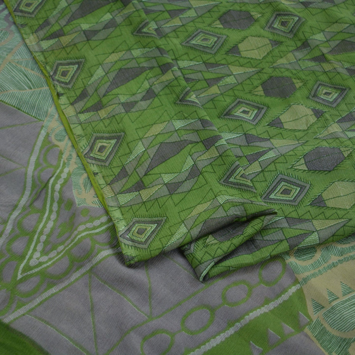 Indian Vintage Sari Green Pure Silk Printed Saree Fabric 5yd Sewing Craft Dress Making Soft Abstract Quilting Crafting Upcycle