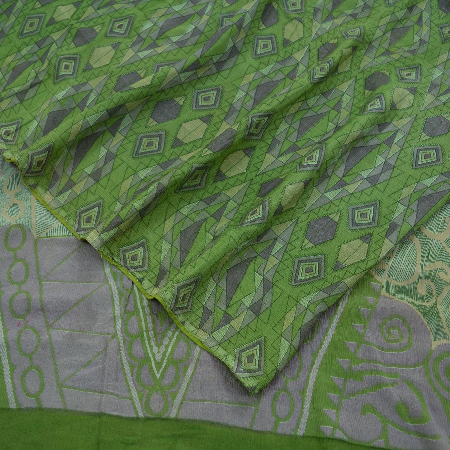 Indian Vintage Sari Green Pure Silk Printed Saree Fabric 5yd Sewing Craft Dress Making Soft Abstract Quilting Crafting Upcycle