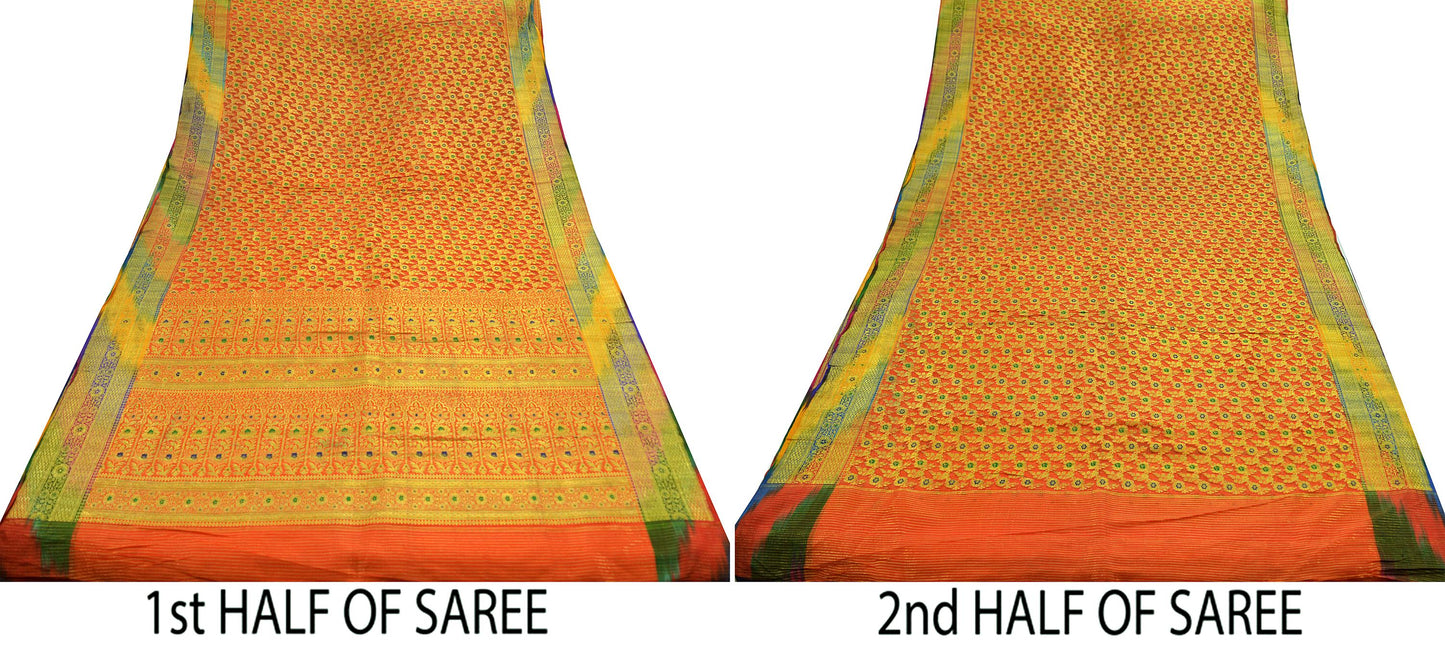 Indian Vintage Sari Heavy Orange Pure Organza Silk Woven Brocade Banarasi Sarees Zari 5Yd Ethnic Fabric Dress Making Wedding Sarees