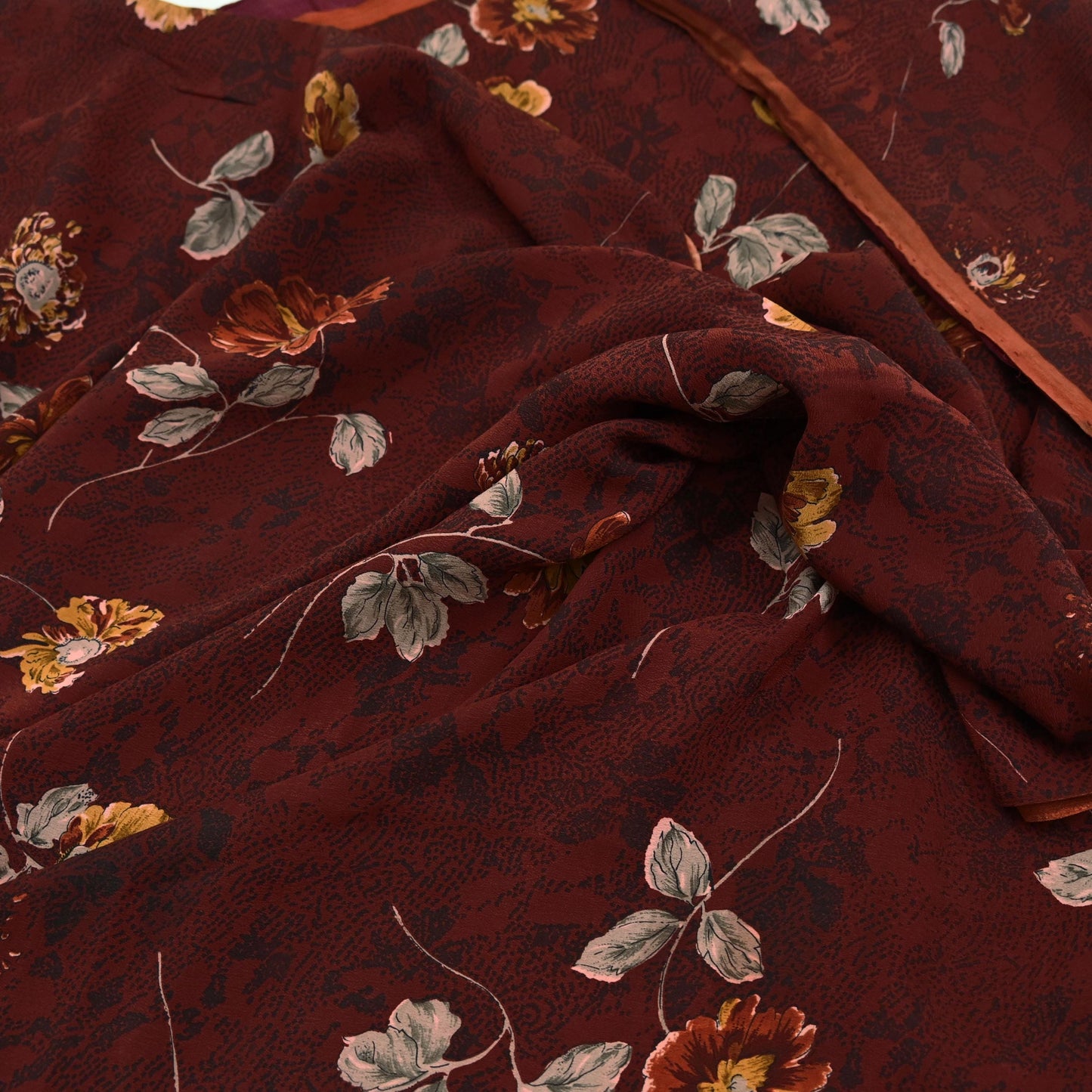 Indian Vintage Maroon Saree Pure Crepe Silk Printed Sari Craft Fabric 5yd Sewing Floral Soft Wrap Dress Making Crafting Quilting Upcycle