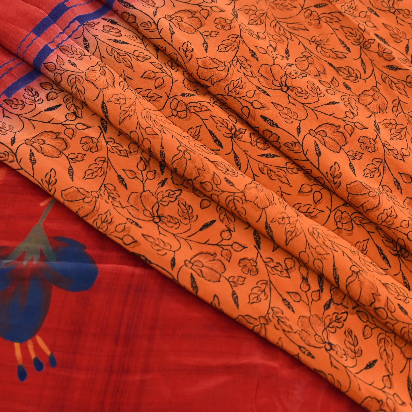 Indian Vintage Sari Orange & Red Pure Crepe Silk Printed Saree 5yd Sewing Floral Soft Craft Fabric Wrap Dress making Crafting Quilting