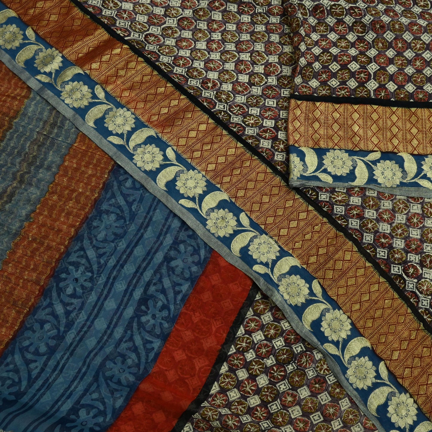 Women Vintage Sari Purple & Blue Pure Georgette Silk Printed Sarees Craft Fabric Sewing 5Yd Soft Dress Making Zari Border Crafting Quilting