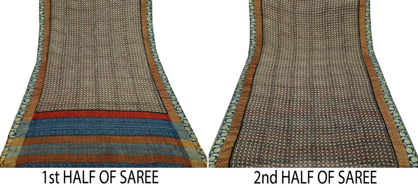 Women Vintage Sari Purple & Blue Pure Georgette Silk Printed Sarees Craft Fabric Sewing 5Yd Soft Dress Making Zari Border Crafting Quilting