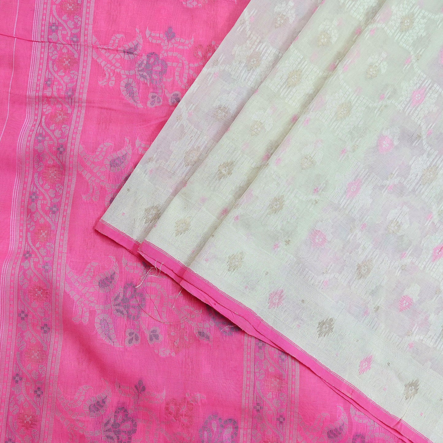Indian Vintage Sari Ivory & Pink 100% Pure Silk Hand Woven Sarees Craft Fabric 5Yd Ethnic Sewing Dress making Crafting Quilting Upcycle