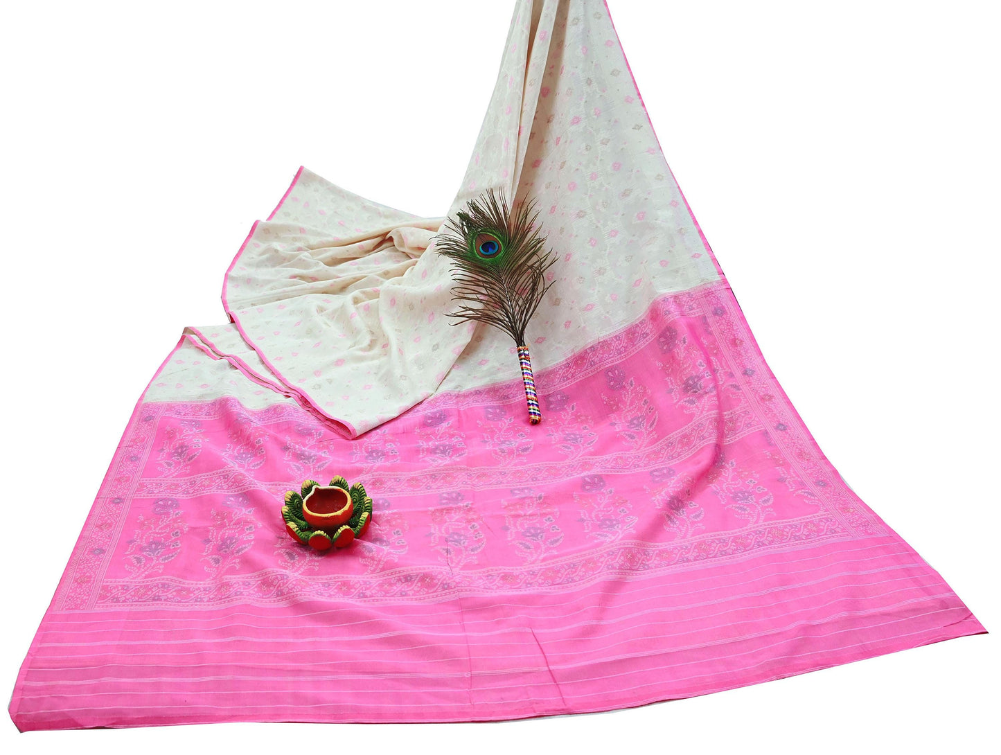 Indian Vintage Sari Ivory & Pink 100% Pure Silk Hand Woven Sarees Craft Fabric 5Yd Ethnic Sewing Dress making Crafting Quilting Upcycle