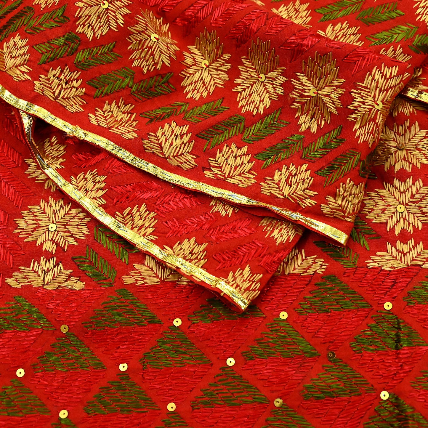 Indian Vintage Red Heavy Wedding Dupatta Long Stole Pure Cotton Hand Embroidered Bagh Phulkari Stole Scarves