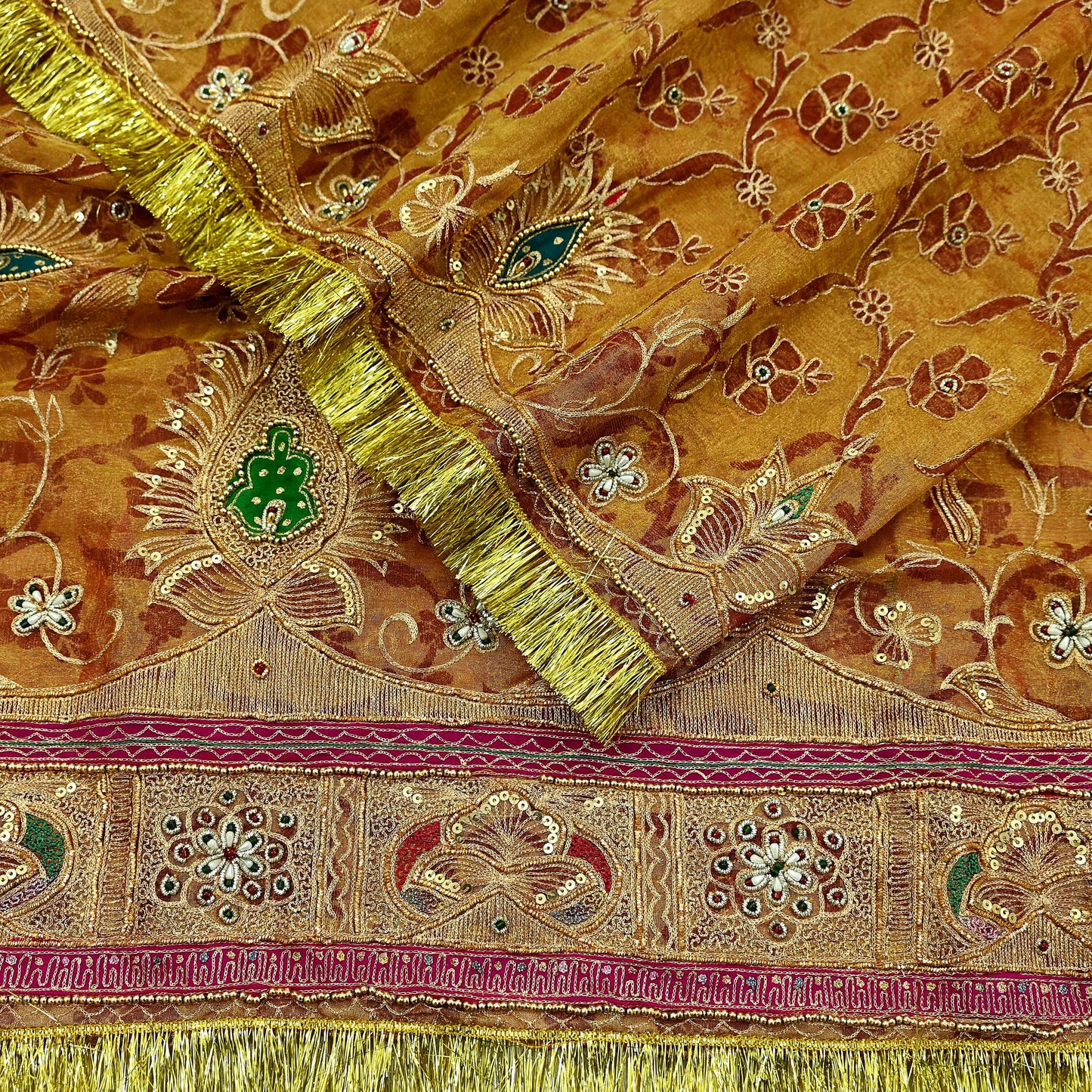 Indian Vintage Heavy Golden Dupatta Pure Tissue Silk Long Stole Hand Embroidered Scarves Zari Zardozi/Dabka Fringes Veil