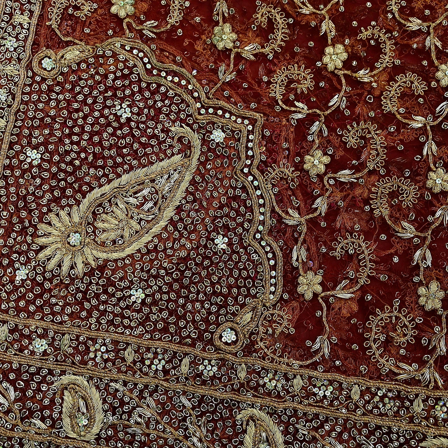 Indian Vintage Heavy Wedding Red Dupatta Net Mesh Long Stole Hand Embroidered Scarves Golden Zardozi Zari Sequins Bridal Veil