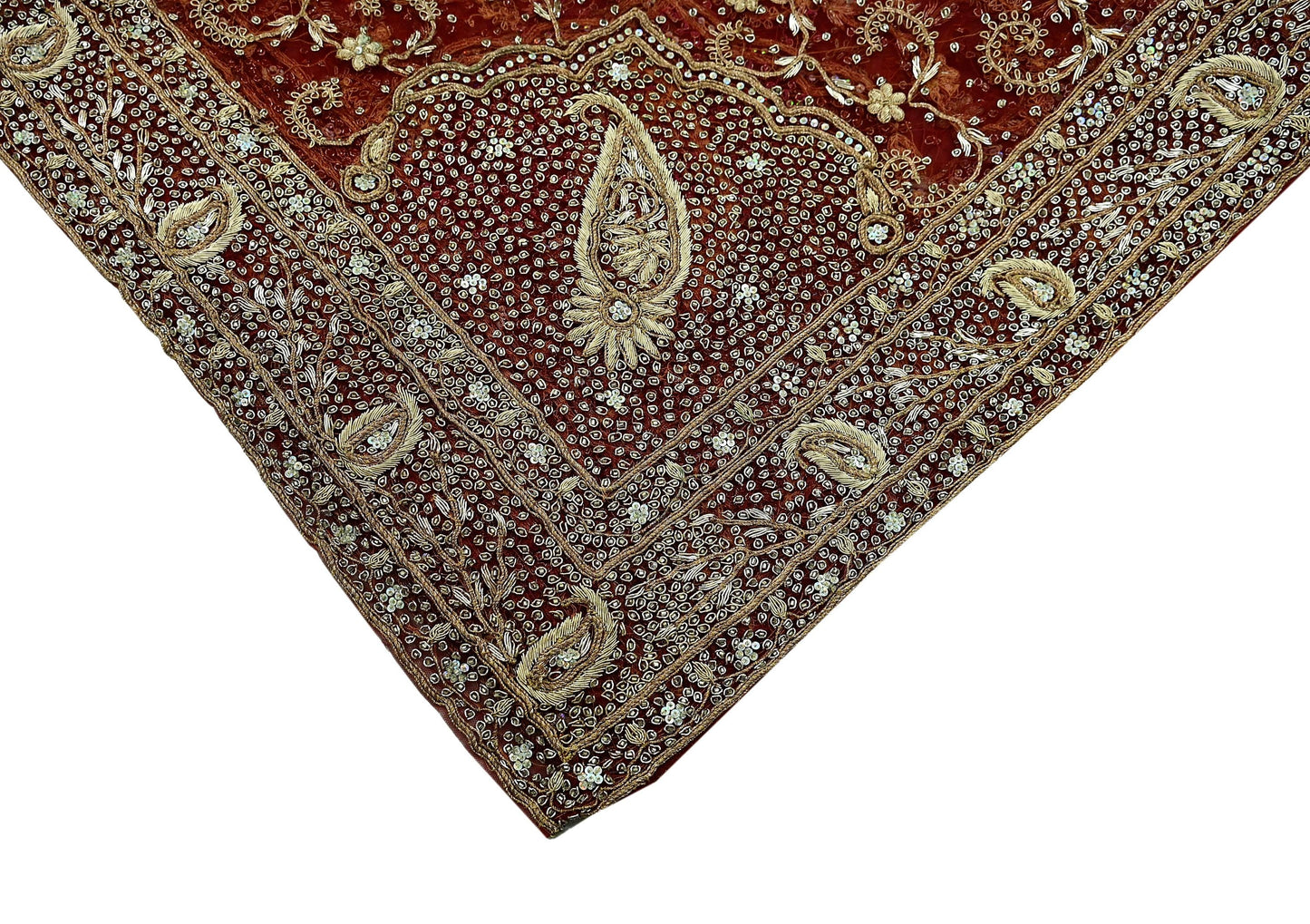 Indian Vintage Heavy Wedding Red Dupatta Net Mesh Long Stole Hand Embroidered Scarves Golden Zardozi Zari Sequins Bridal Veil