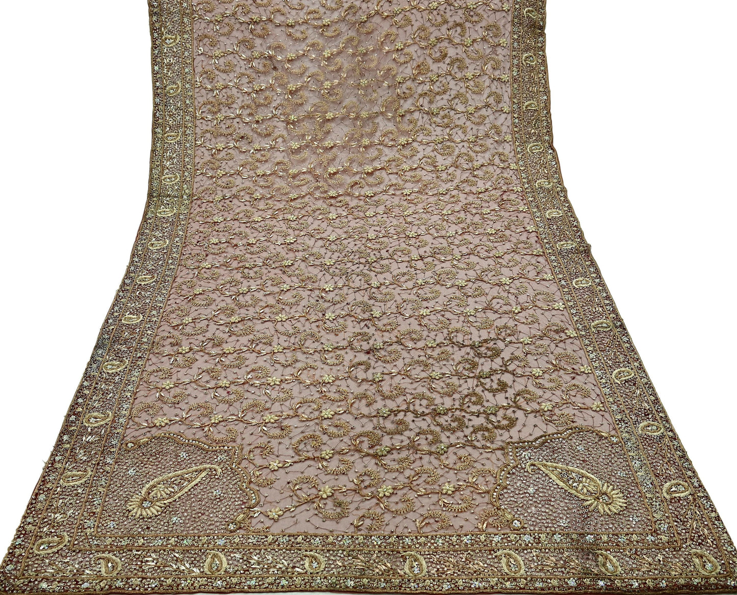 Indian Vintage Heavy Wedding Red Dupatta Net Mesh Long Stole Hand Embroidered Scarves Golden Zardozi Zari Sequins Bridal Veil
