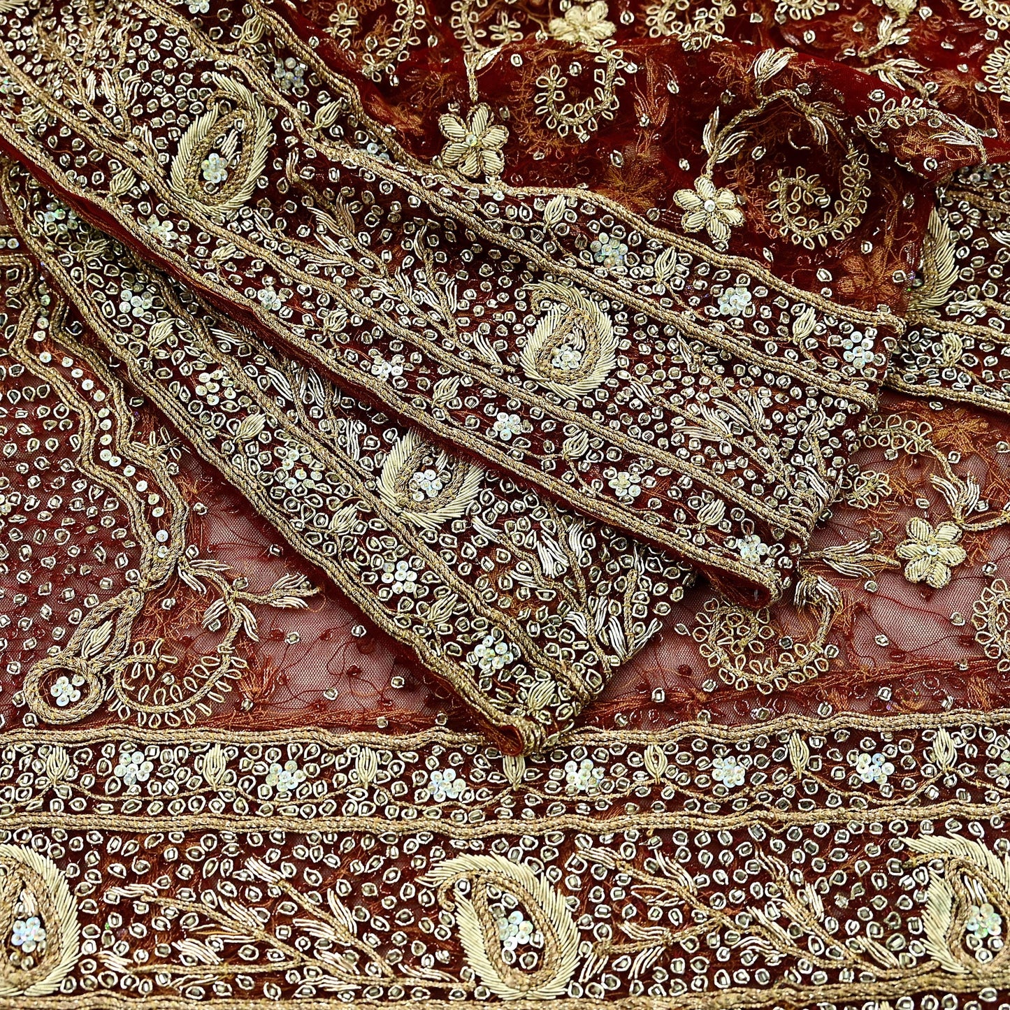Indian Vintage Heavy Wedding Red Dupatta Net Mesh Long Stole Hand Embroidered Scarves Golden Zardozi Zari Sequins Bridal Veil