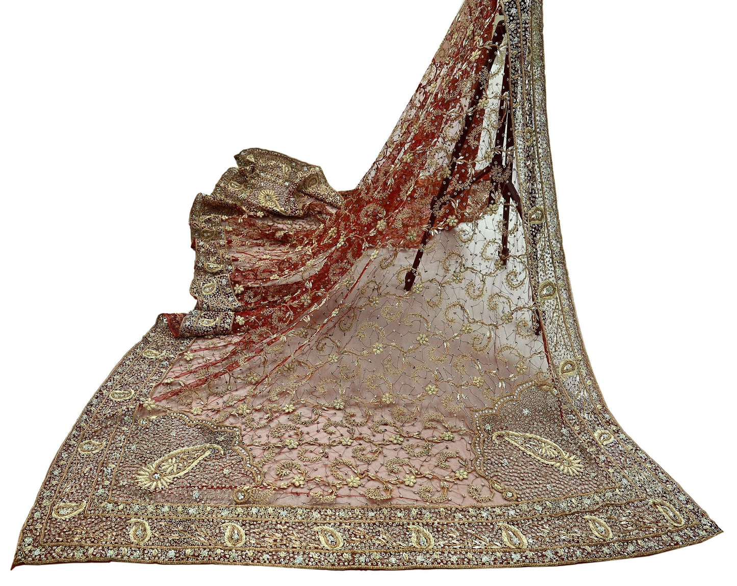 Indian Vintage Heavy Wedding Red Dupatta Net Mesh Long Stole Hand Embroidered Scarves Golden Zardozi Zari Sequins Bridal Veil