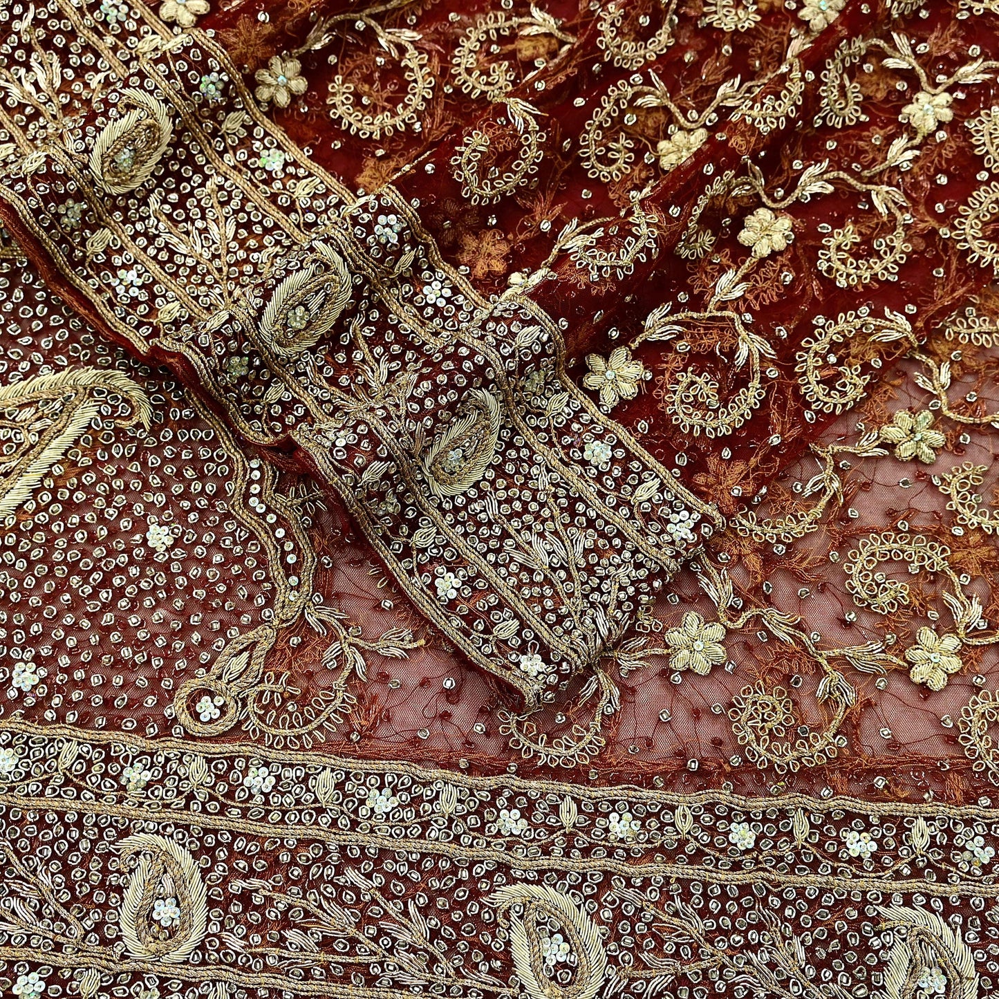 Indian Vintage Heavy Wedding Red Dupatta Net Mesh Long Stole Hand Embroidered Scarves Golden Zardozi Zari Sequins Bridal Veil