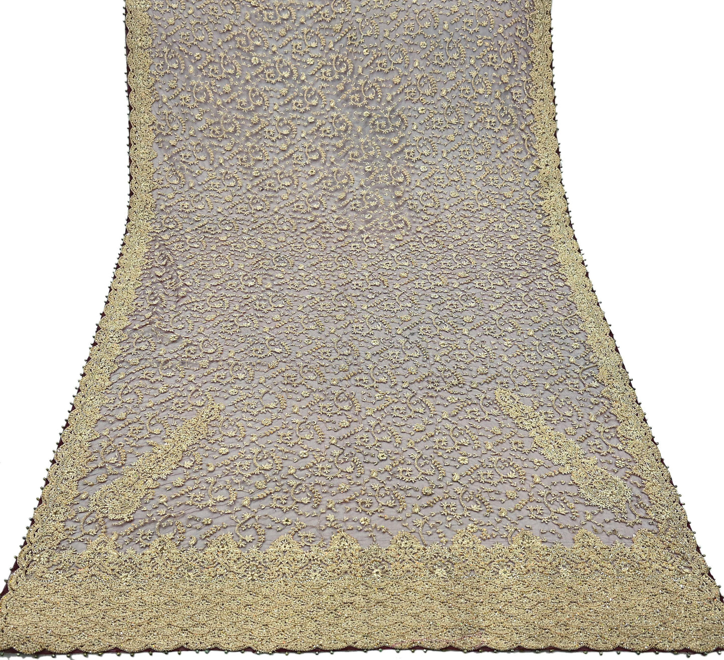 Indian Vintage Heavy Wedding Maroon Dupatta Net Mesh Long Stole Hand Embroidered Scarves Golden Zardozi Zari Sequins Dridal Veil Hijab