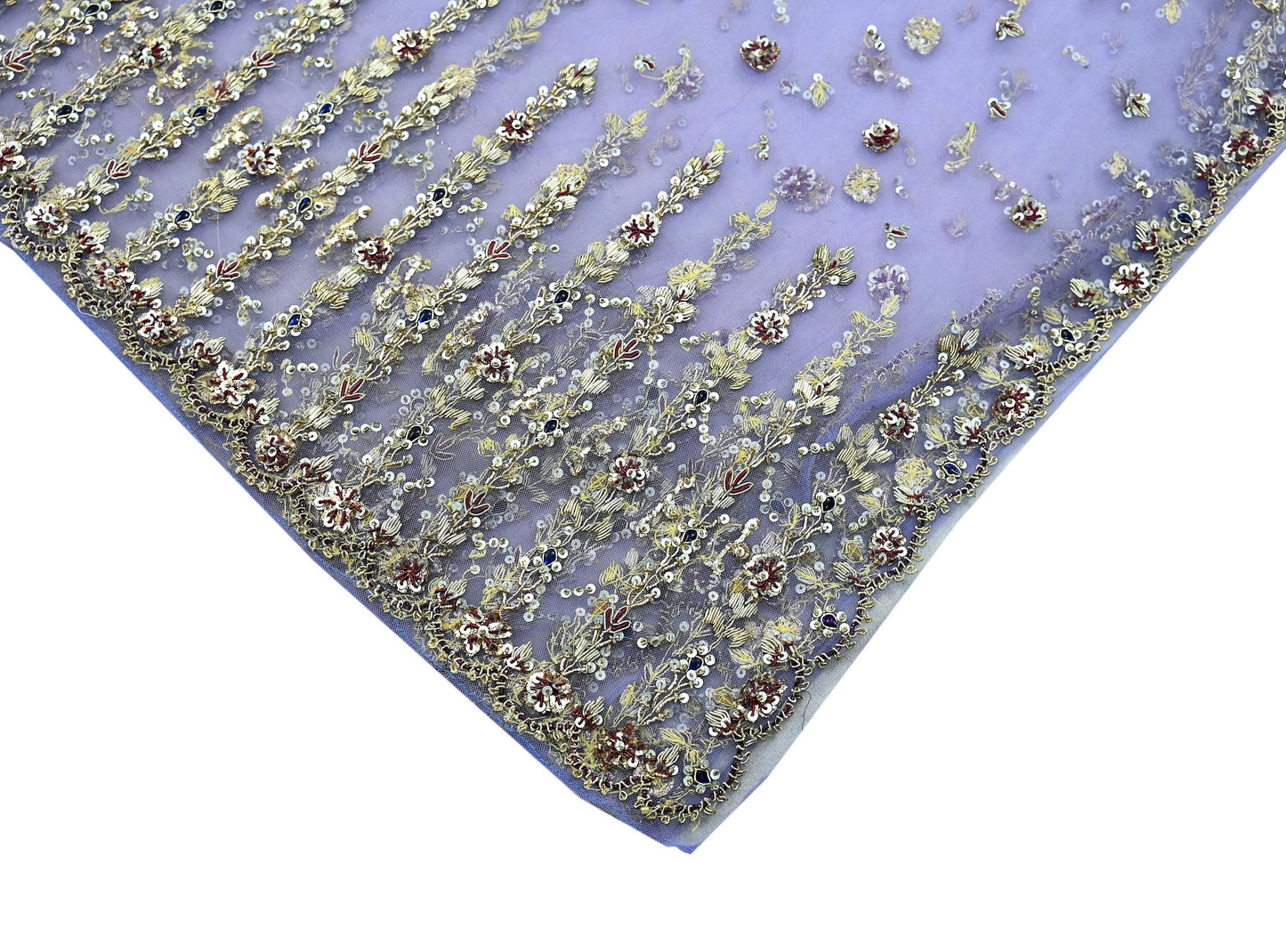 Indian Vintage Heavy Bridal Dupatta Purple Net Mesh Long Stole Hand Embroidered Scarves Golden Zardozi Dabka Zari Wedding Veil Hijab