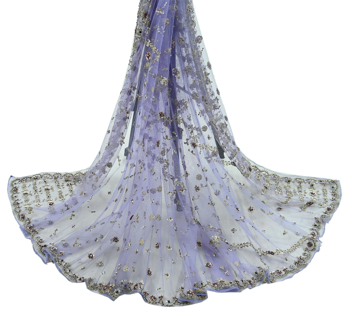 Indian Vintage Heavy Bridal Dupatta Purple Net Mesh Long Stole Hand Embroidered Scarves Golden Zardozi Dabka Zari Wedding Veil Hijab
