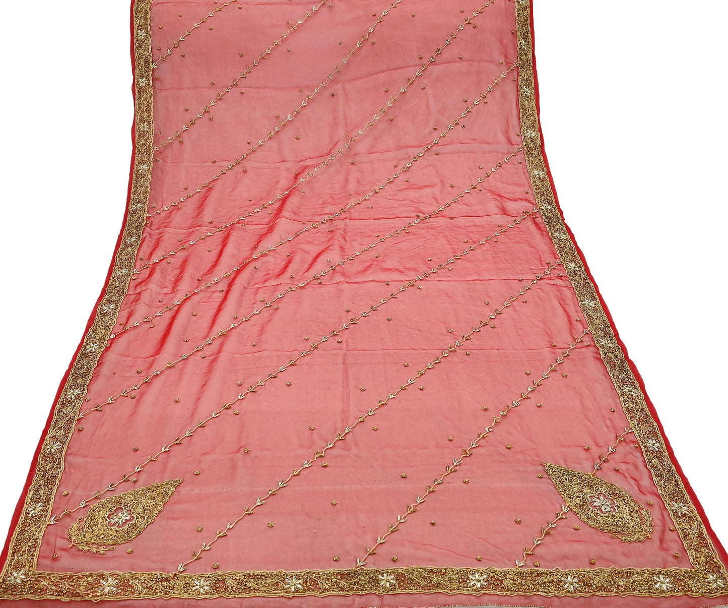 Indian Vintage Bridal Heavy Red Dupatta American Georgette Long Stole Hand Embroidered Scarves Zari Zardozi Bollywood Wedding Veil Hijab