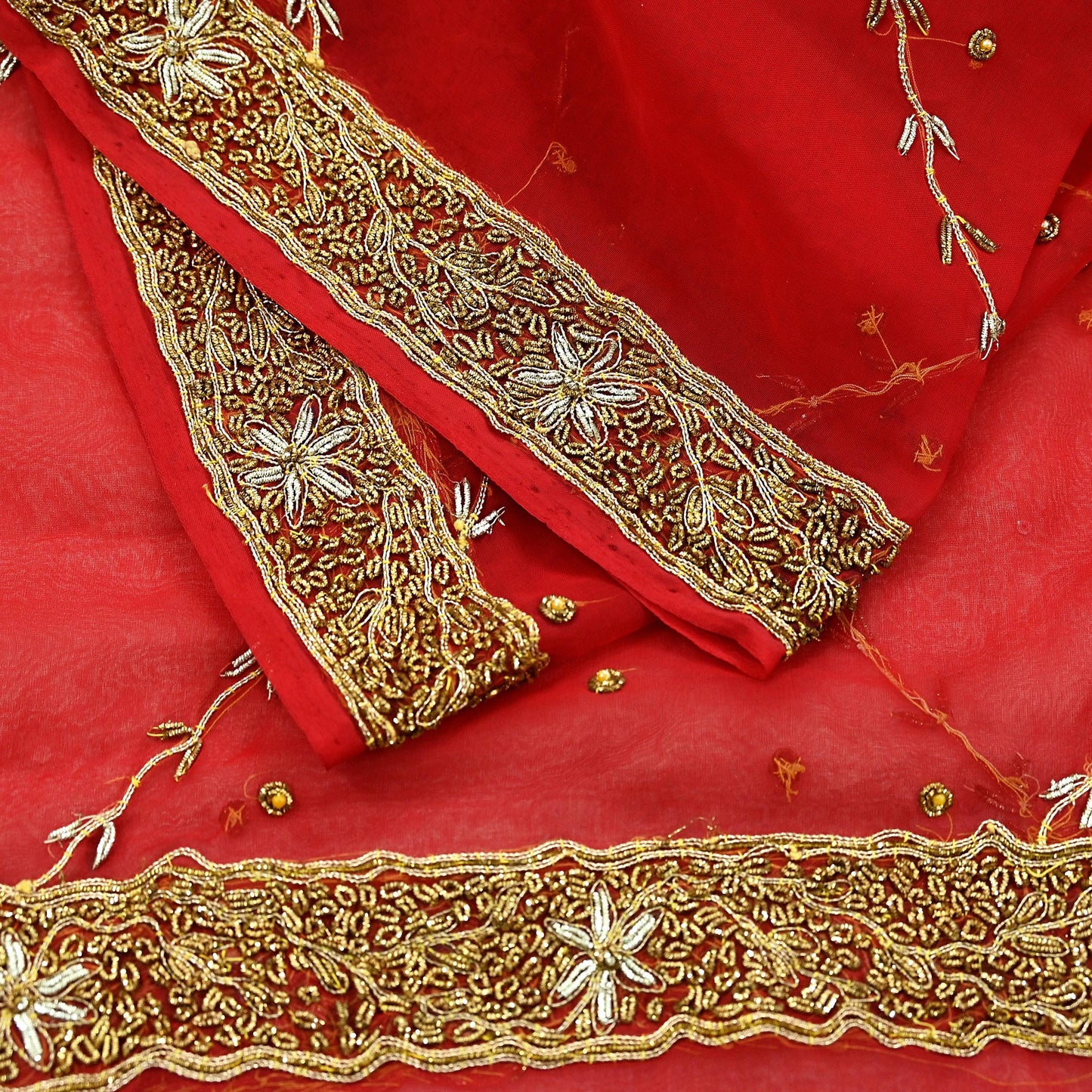 Indian Vintage Bridal Heavy Red Dupatta American Georgette Long Stole Hand Embroidered Scarves Zari Zardozi Bollywood Wedding Veil Hijab