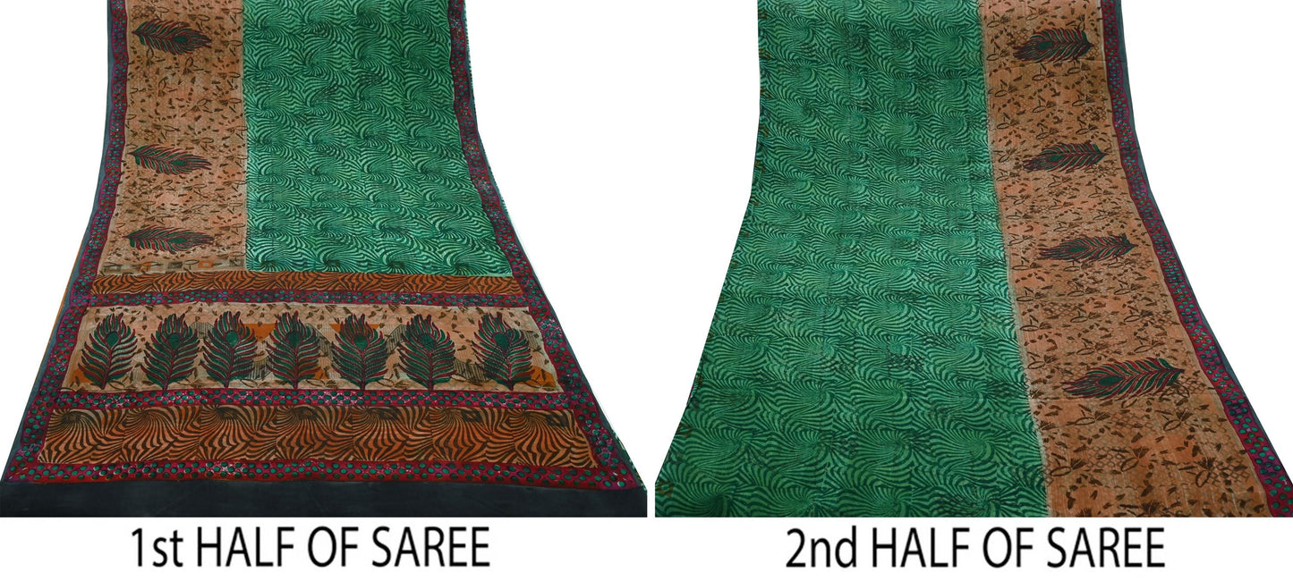 Indian Vintage Sari Green & Brown Pure Crepe Silk Printed Sarees Craft Fabric 5yd Sewing Floral Soft Craft Fabric Wrap Quilting Crafting
