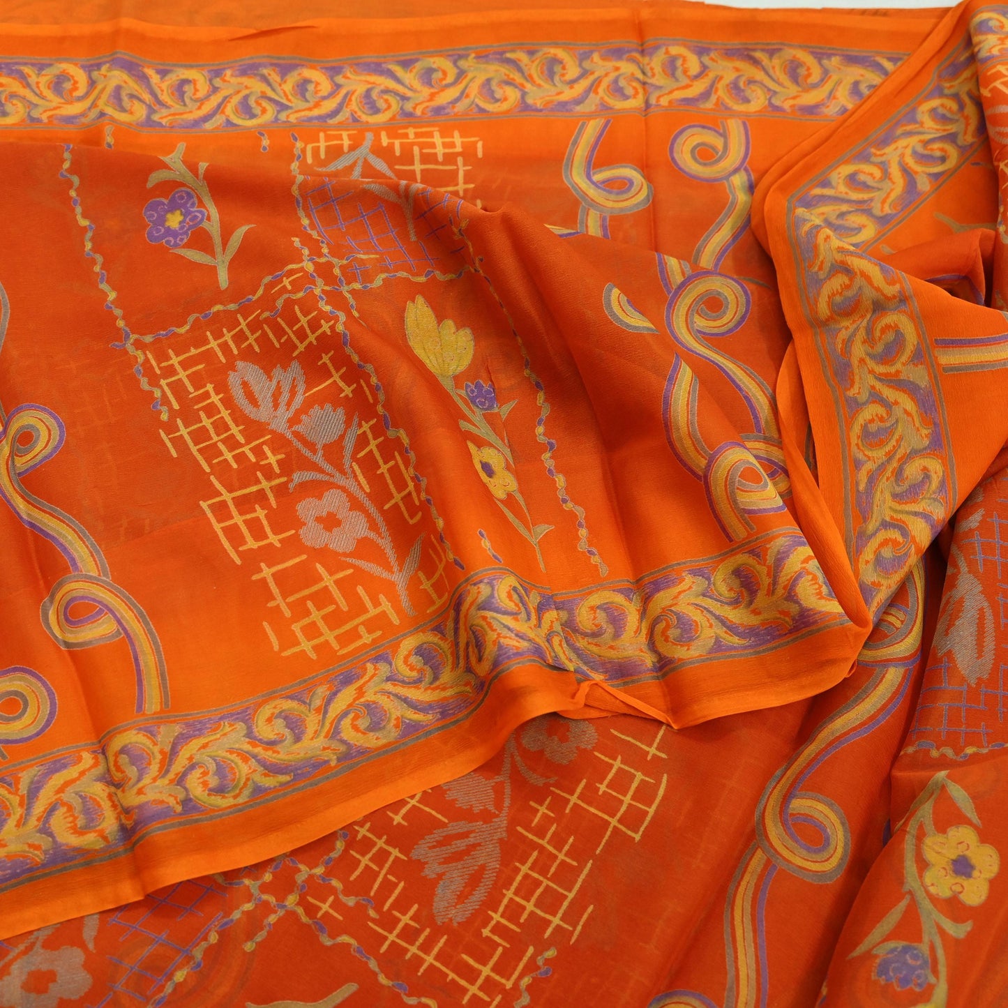 Women Vintage Orange Saree Blend Chiffon Printed Sari Craft Fabric Sewing 6Yd Soft Light Sari Dress Making Floral Crafting Quilting Upcycle