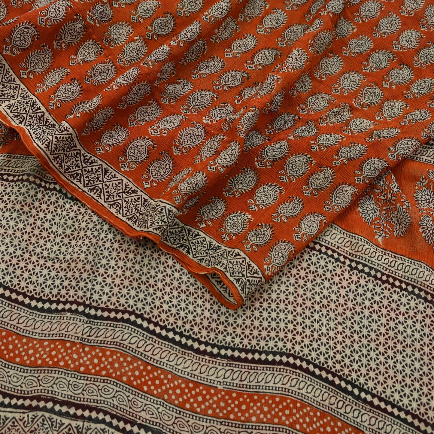 Indian Vintage Sari Orange & Brown Pure Chiffon Silk Printed Sarees Craft Fabric Sewing 5Yard Soft Light Sari Dress Making Quilting