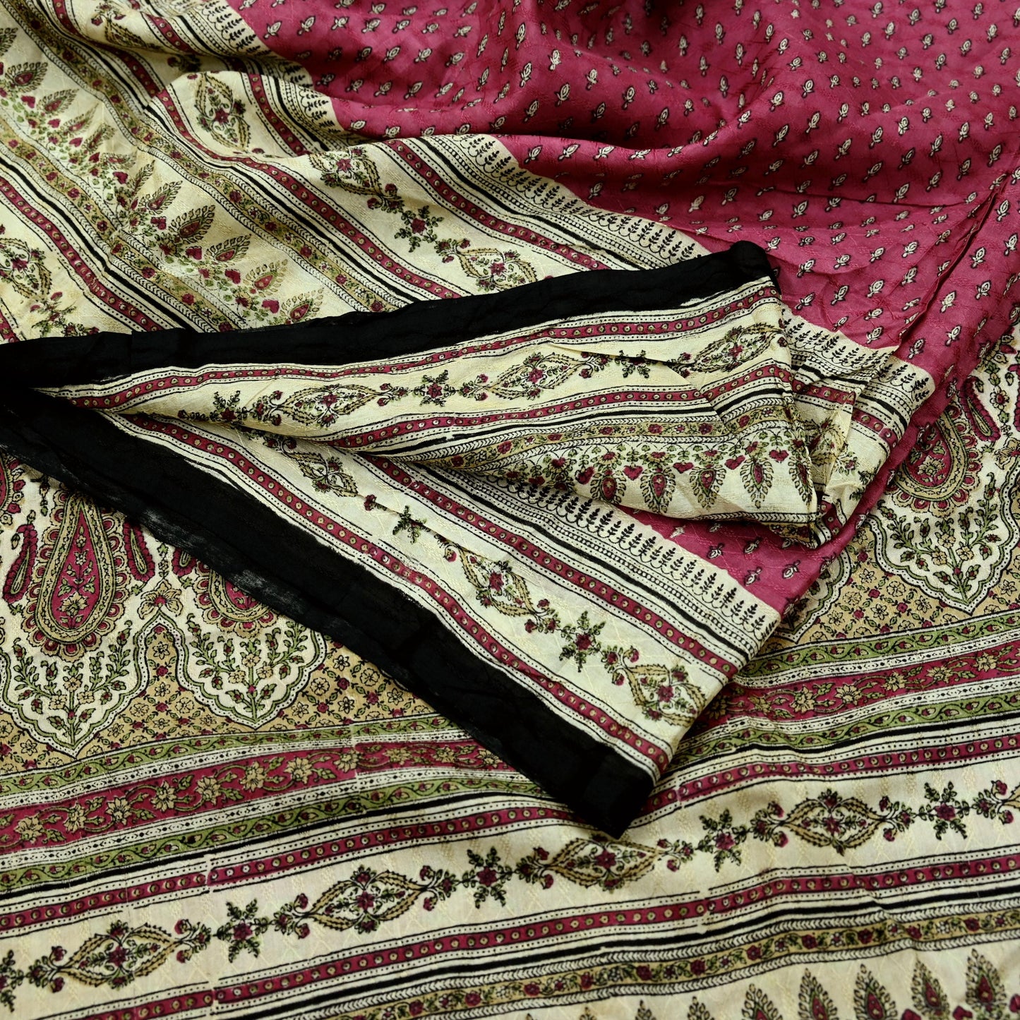Indian Vintage Sari Ivory & Pink Pure Silk Printed Saree 5yd Sewing Craft Fabric Dress Making Soft Wrap Crafting Quilting Upcycle