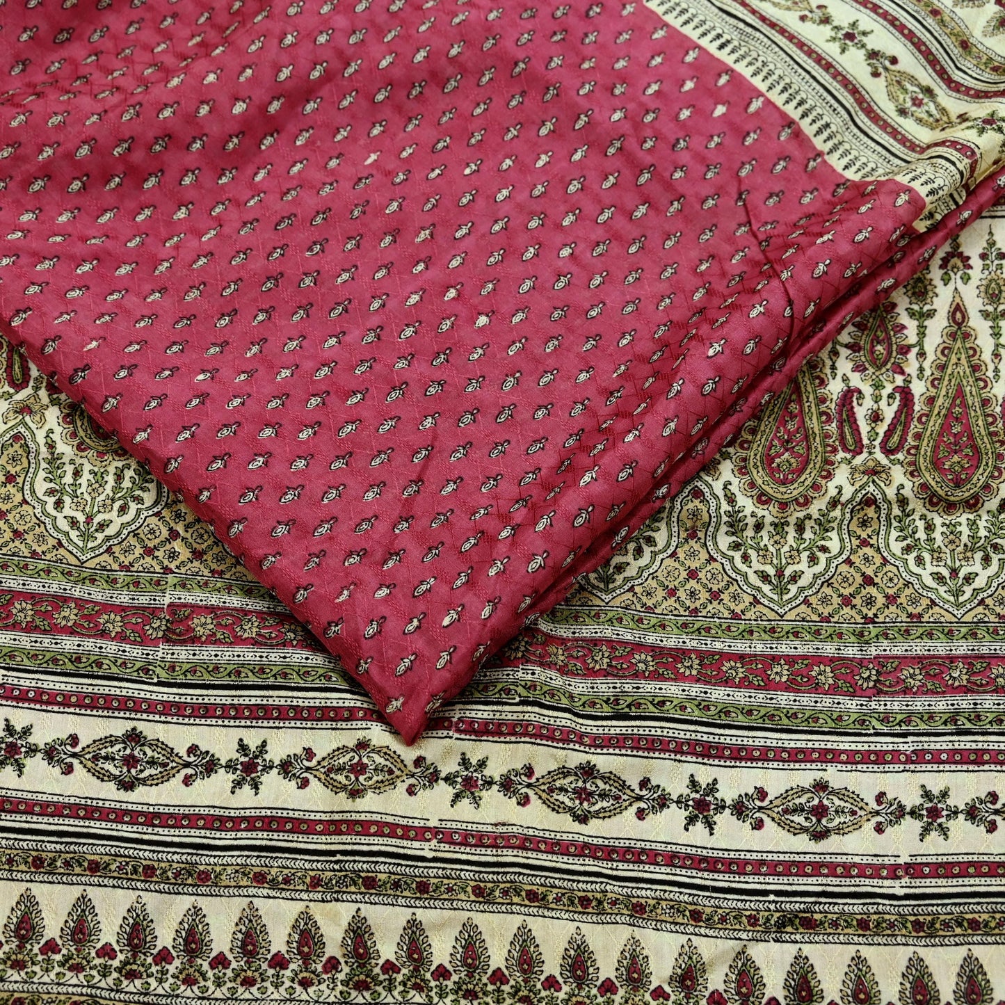 Indian Vintage Sari Ivory & Pink Pure Silk Printed Saree 5yd Sewing Craft Fabric Dress Making Soft Wrap Crafting Quilting Upcycle