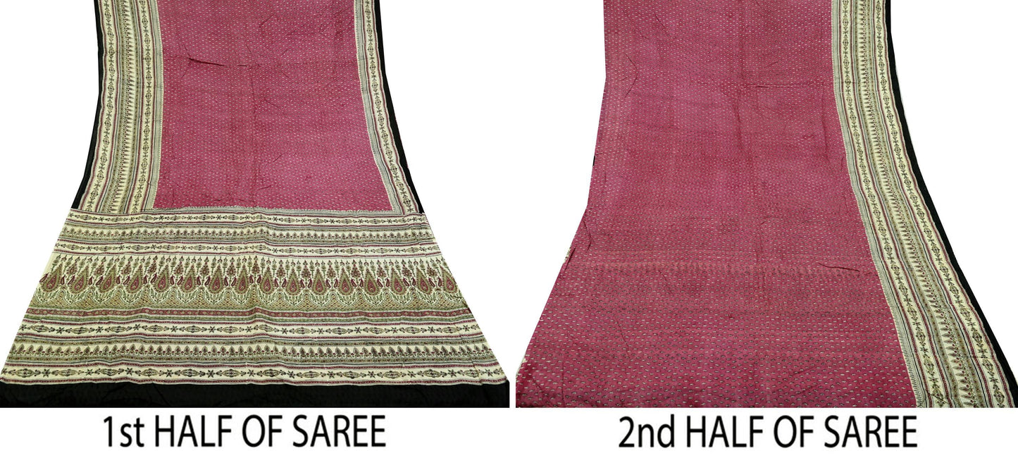 Indian Vintage Sari Ivory & Pink Pure Silk Printed Saree 5yd Sewing Craft Fabric Dress Making Soft Wrap Crafting Quilting Upcycle