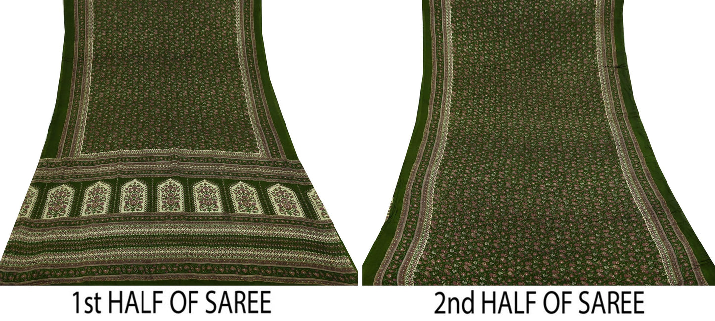 Indian Vintage Sari Green Pure Silk Printed Sarees 6yd Sewing Craft Fabric Dress Making Soft Floral Wrap Upcycle Used Quilting Crafting