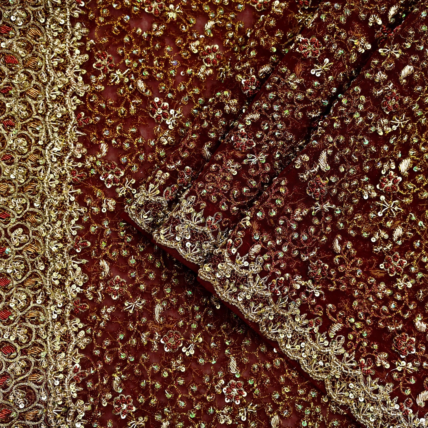 Indian Vintage Heavy Wedding Maroon Dupatta Net Mesh Long Stole Hand Embroidered Scarves Golden Zardozi Zari Sequins Dridal Veil Hijab