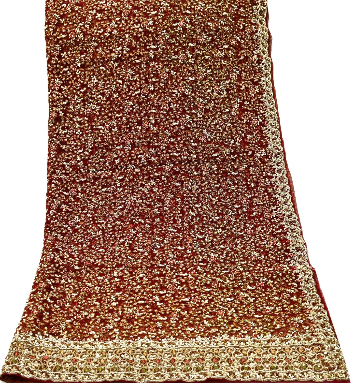 Indian Vintage Heavy Wedding Maroon Dupatta Net Mesh Long Stole Hand Embroidered Scarves Golden Zardozi Zari Sequins Dridal Veil Hijab