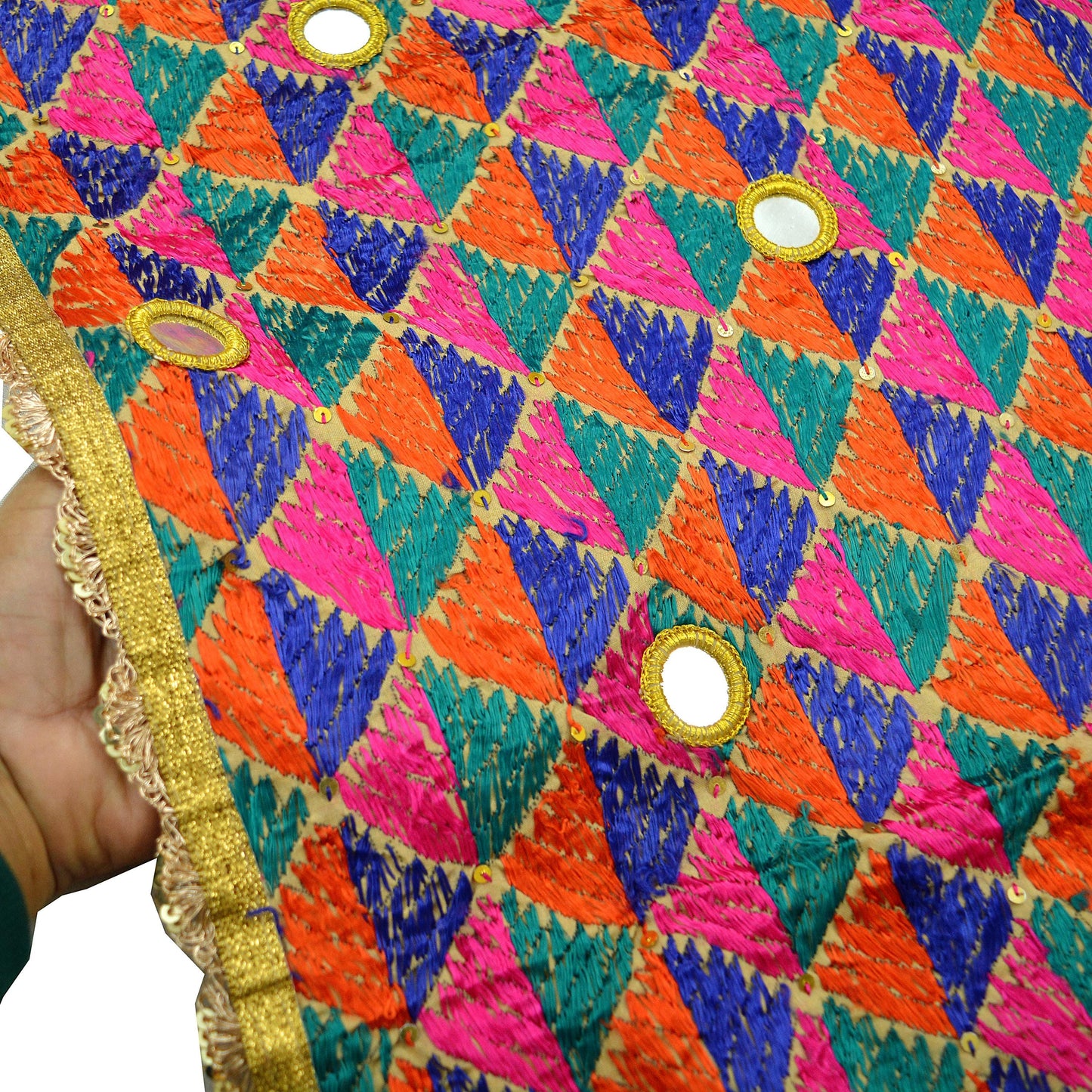 Indian Vintage Beige Heavy Wedding Dupatta Long Stole Pure cotton Hand Embroidered Bagh Phulkari Stole Scarves Mirror Sequins