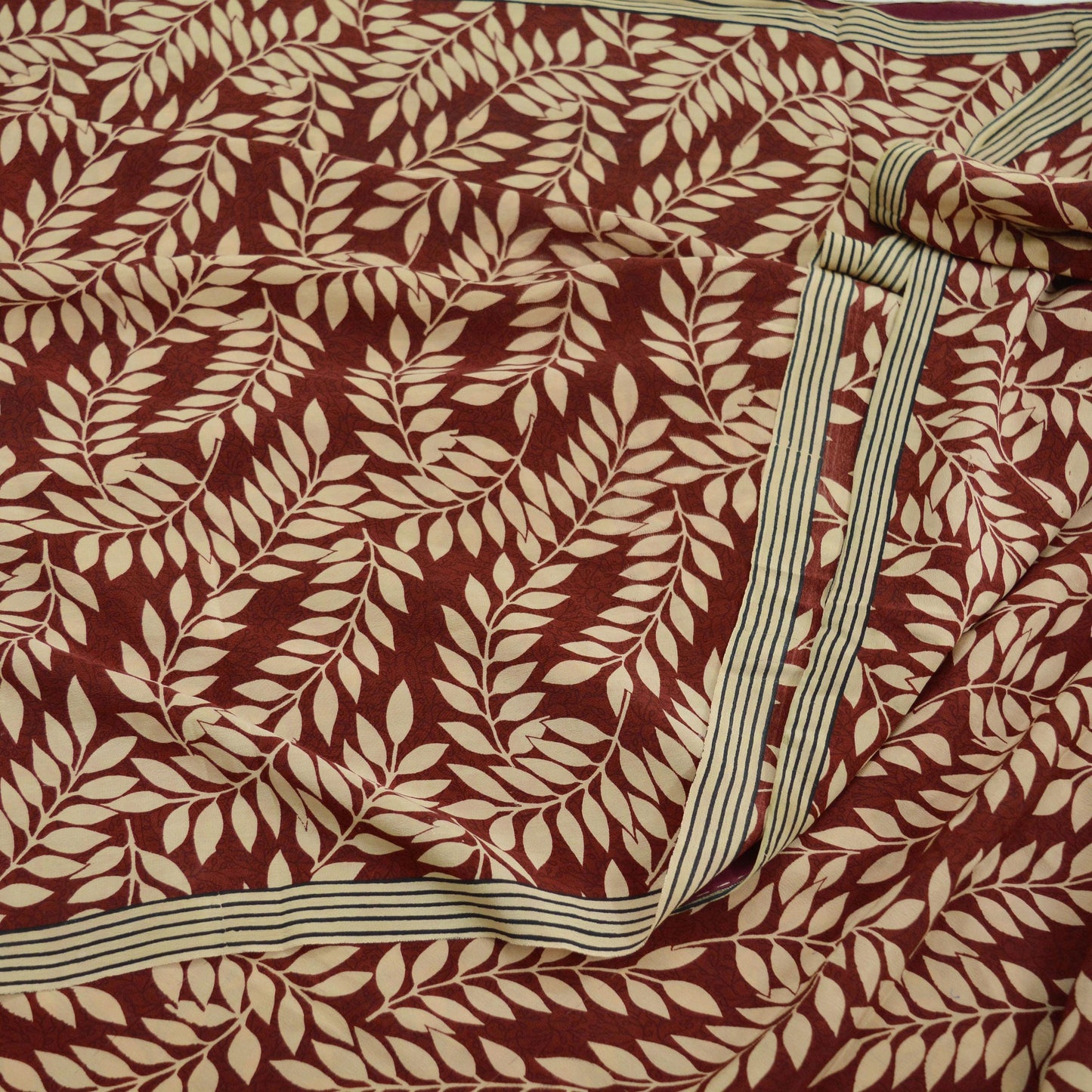 Indian Vintage Beige & Maroon Saree Pure Crepe Silk Printed Sari Craft Fabric 5yd Sewing Floral Soft Wrap Dress Making Crafting