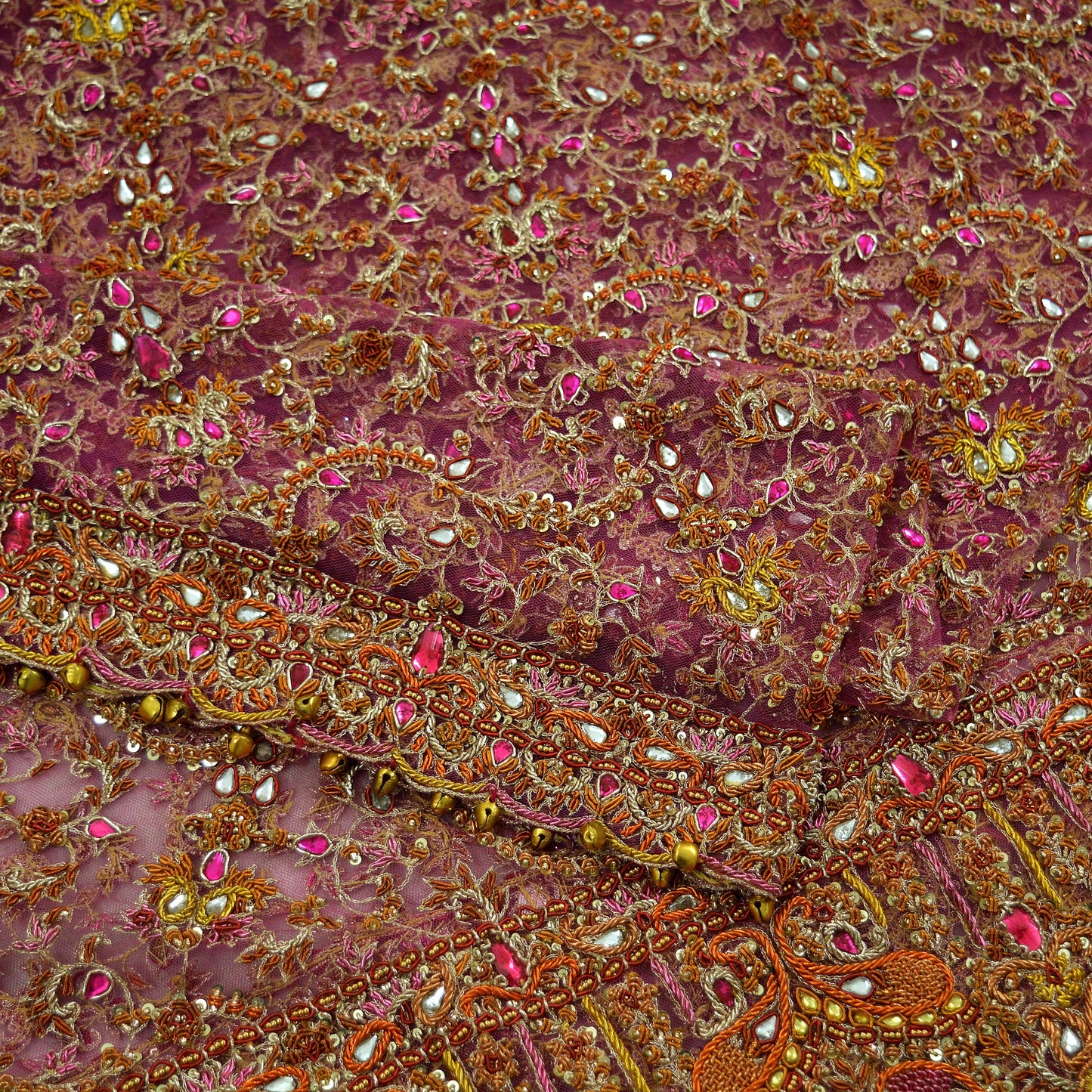 Indian Vintage Heavy Purple Dupatta Net Mesh Long Stole Hand Embroidered Scarves Golden Zardozi Dabka Zari Bridal/Wedding Veil