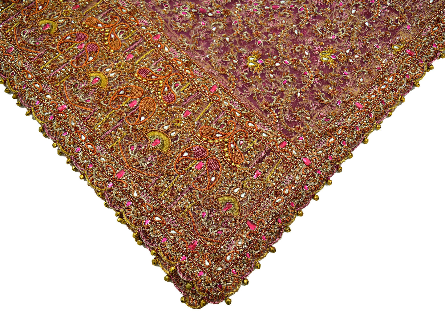 Indian Vintage Heavy Purple Dupatta Net Mesh Long Stole Hand Embroidered Scarves Golden Zardozi Dabka Zari Bridal/Wedding Veil