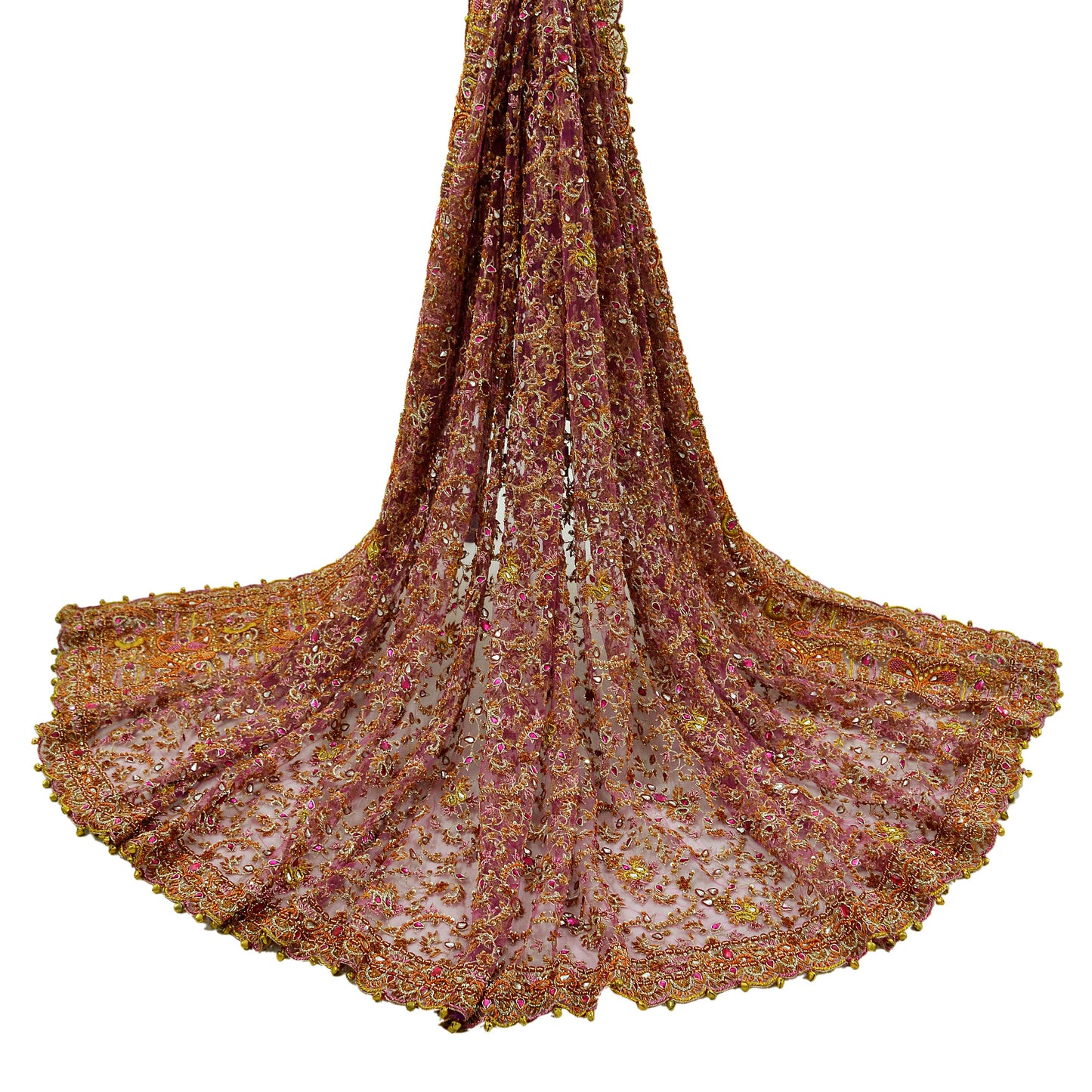 Indian Vintage Heavy Purple Dupatta Net Mesh Long Stole Hand Embroidered Scarves Golden Zardozi Dabka Zari Bridal/Wedding Veil