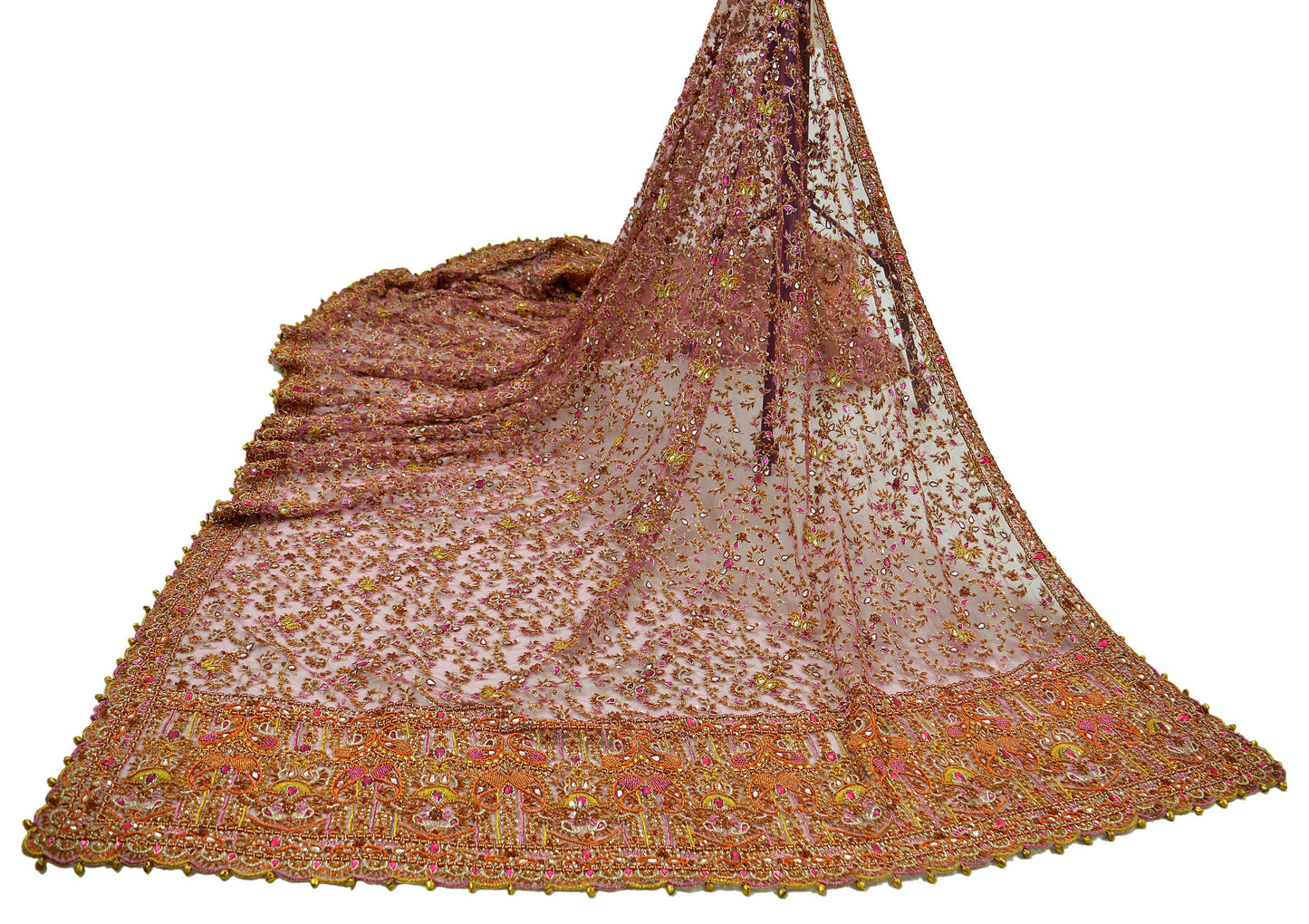 Indian Vintage Heavy Purple Dupatta Net Mesh Long Stole Hand Embroidered Scarves Golden Zardozi Dabka Zari Bridal/Wedding Veil