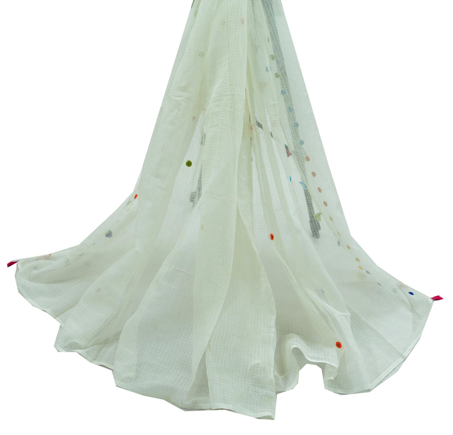 Indian Vintage White Dupatta Long Stole Embroidered Pure Cotton Scarves Veil Mirror Soft Fringes