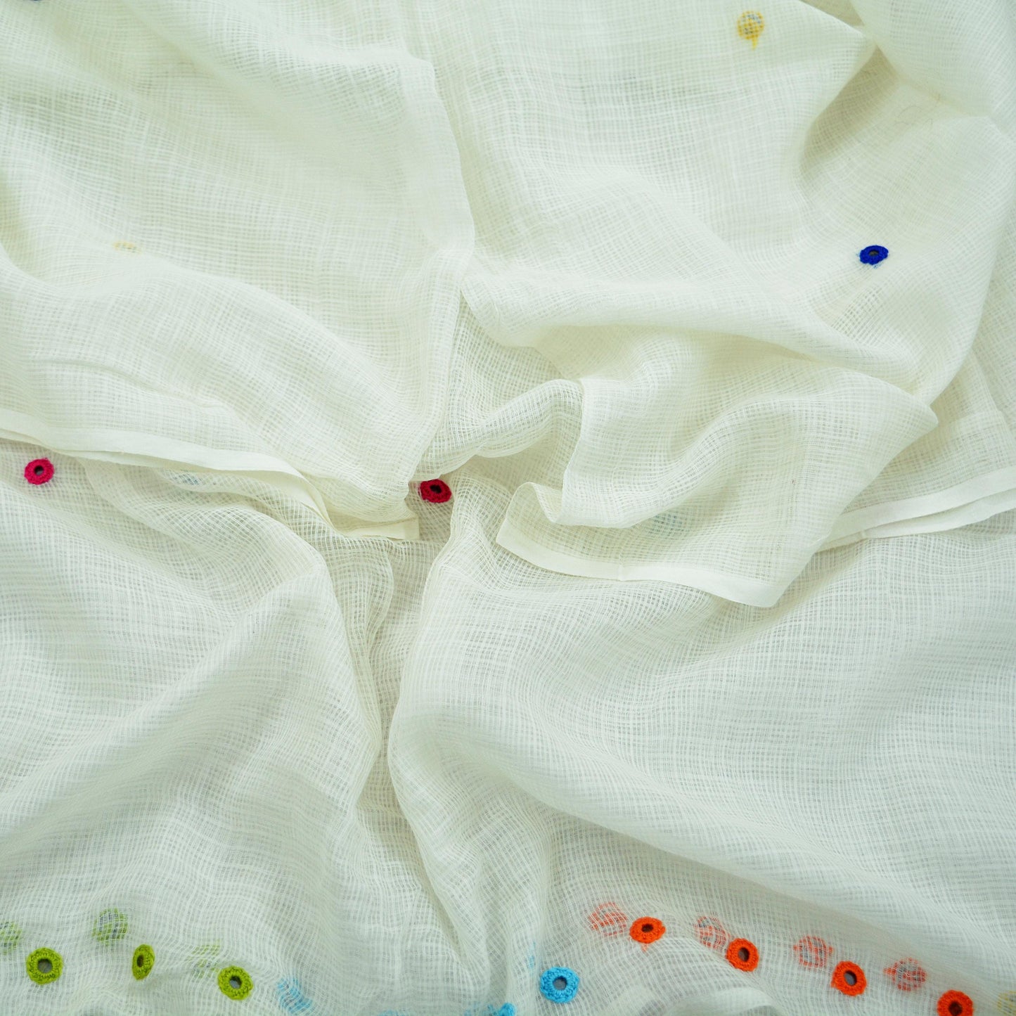 Indian Vintage White Dupatta Long Stole Embroidered Pure Cotton Scarves Veil Mirror Soft Fringes