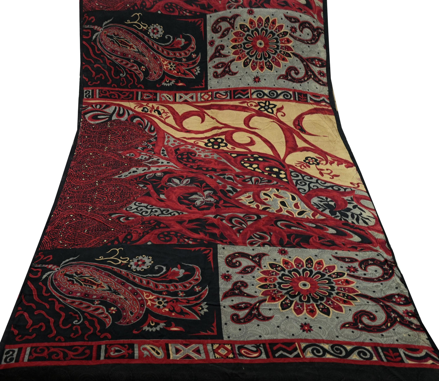 Indian Vintage Sari Black & Red Pure Crepe Silk Printed Saree 5yard Sewing Rose Flower Soft Craft Fabric Wrap