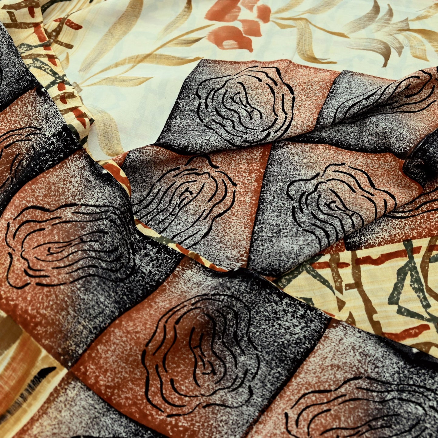 Indian Vintage Sari Orange & Black Pure Crepe Silk Printed Sarees 5yd Sewing Floral Soft Craft Fabric Ethnic Wrap Dress making Crafting