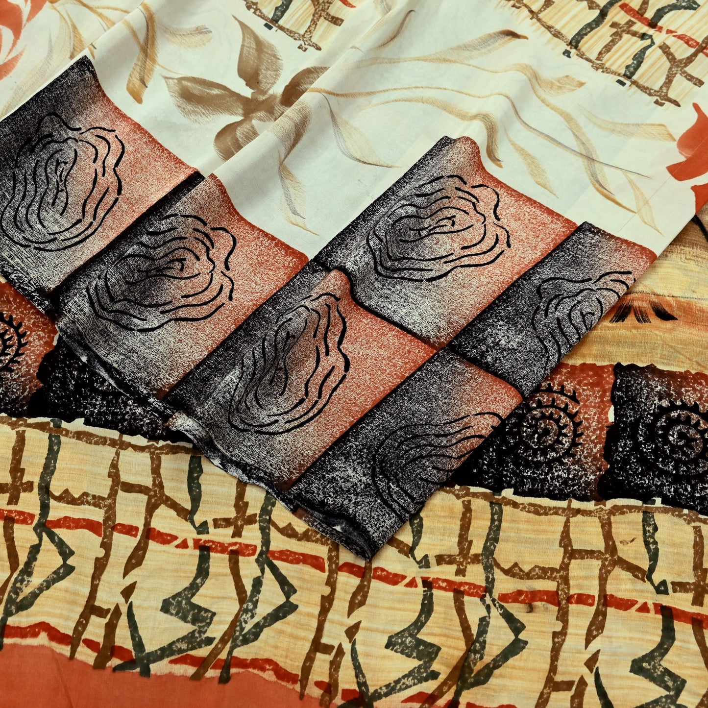 Indian Vintage Sari Orange & Black Pure Crepe Silk Printed Sarees 5yd Sewing Floral Soft Craft Fabric Ethnic Wrap Dress making Crafting