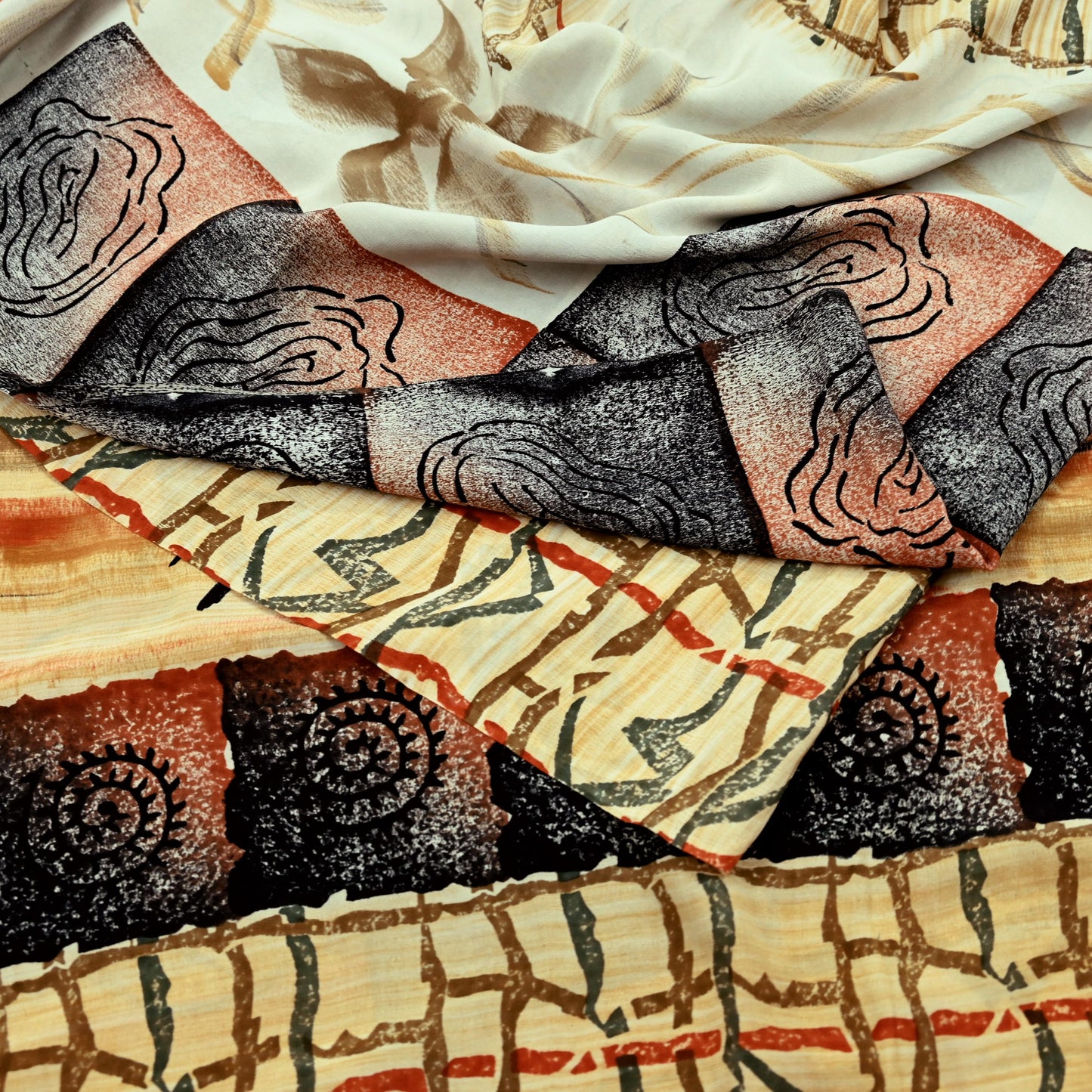 Indian Vintage Sari Orange & Black Pure Crepe Silk Printed Sarees 5yd Sewing Floral Soft Craft Fabric Ethnic Wrap Dress making Crafting