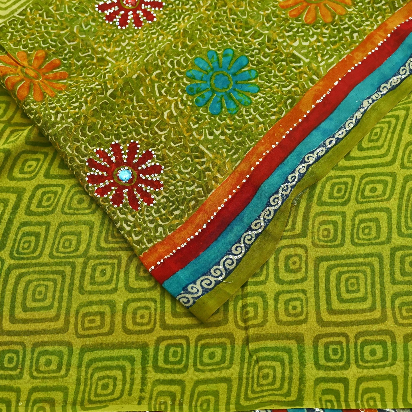 Indian Vintage Green Saree Pure Georgette Silk Hand Embroidered Printed Sari Craft Fabric Sewing 6Yard Soft Light Dress Making Floral