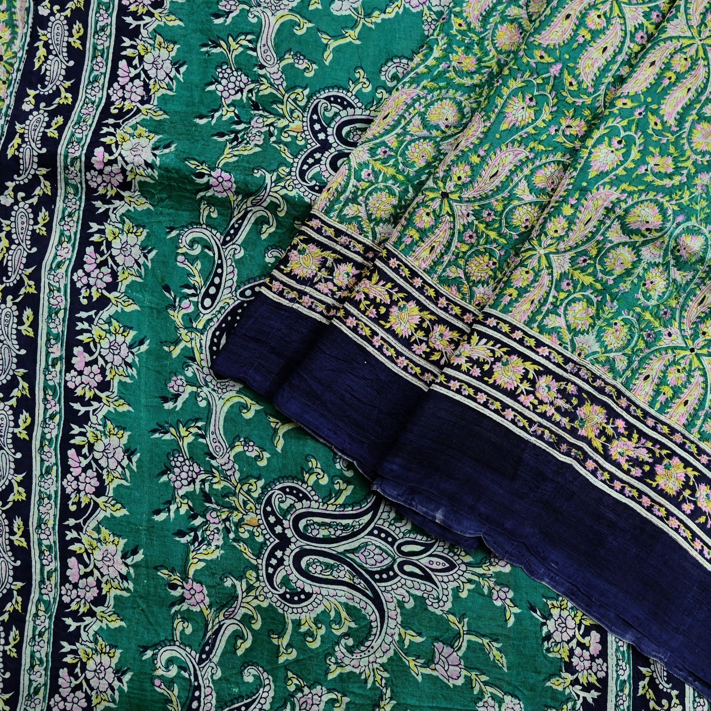 Indian Vintage Sari Green & Blue 100% Pure Silk Printed Sarees 5yd Sewing Craft Fabric Dress Making Soft Wrap Crafting Quilting Upcycle