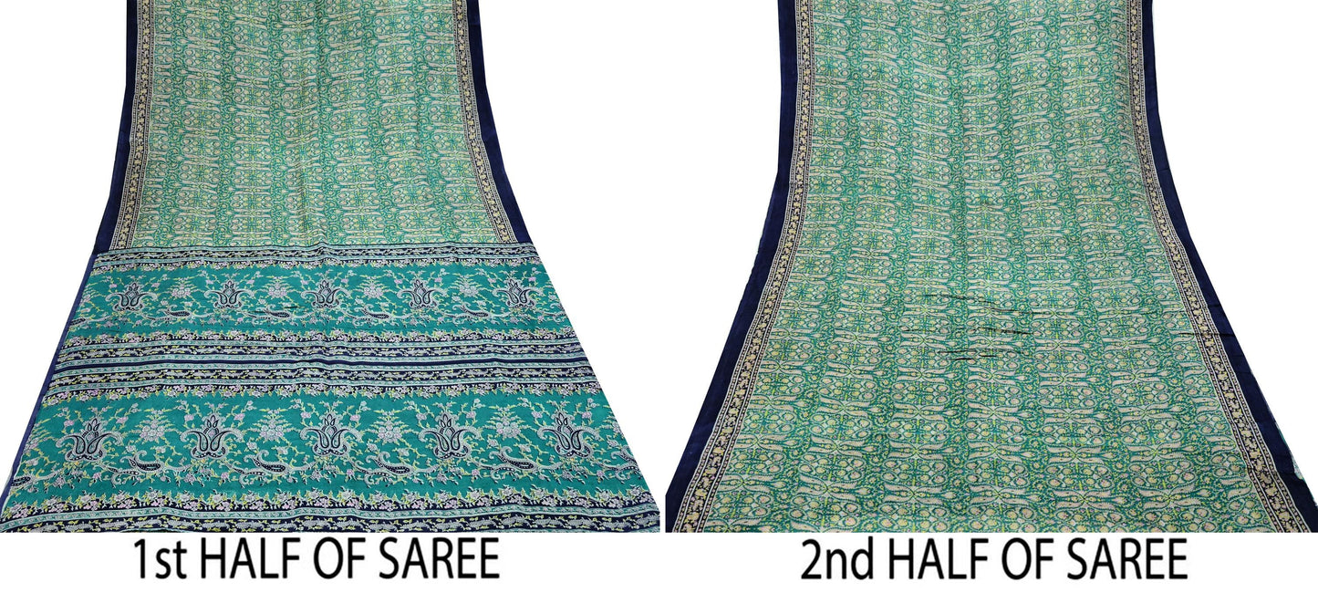 Indian Vintage Sari Green & Blue 100% Pure Silk Printed Sarees 5yd Sewing Craft Fabric Dress Making Soft Wrap Crafting Quilting Upcycle
