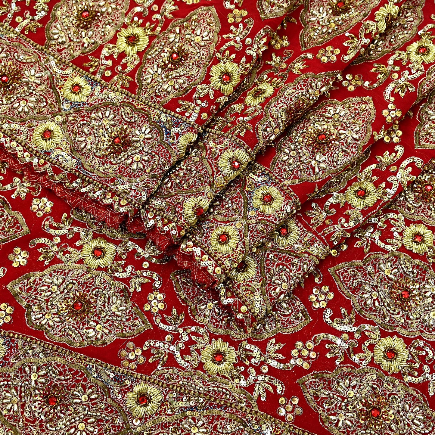 Indian Vintage Heavy Red Dupatta Pure Georgette Silk Long Stole Hand Embroidered Scarf Zardozi/Dabka Bridal/Wedding Veil Hijab